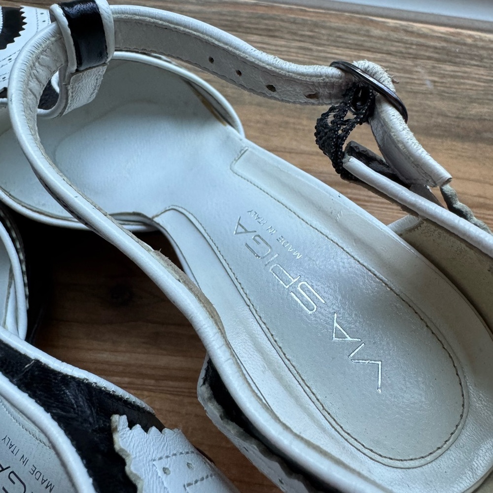 Via Spiga Leather B&W Spectator TStrap Peep Toe Platform Heel SZ 8 Made in Italy - Picture 4 of 8